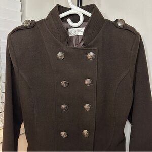 New Made In Italy Wool Like Brown Double-Breasted Pea Coat Military Jacket - M